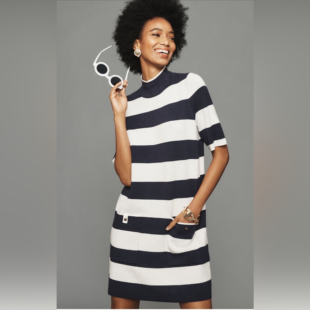NWT Anthropologie Maeve Navy Stripe Annalise Mock-Neck Mini Sweater Dress